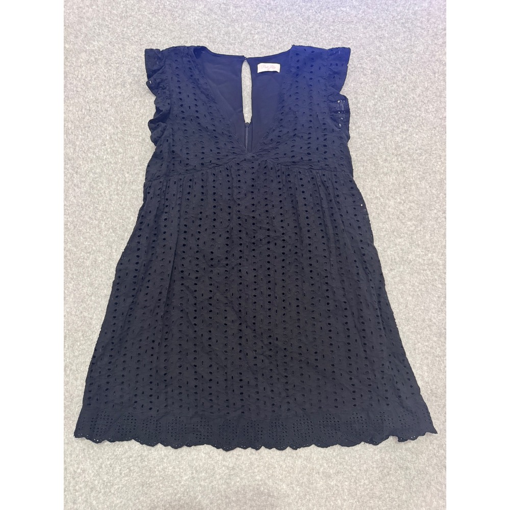 Pink Lily Black Eyelet Mini Dress Flutter Sleeve V-Neck Women Size M Cottagecore